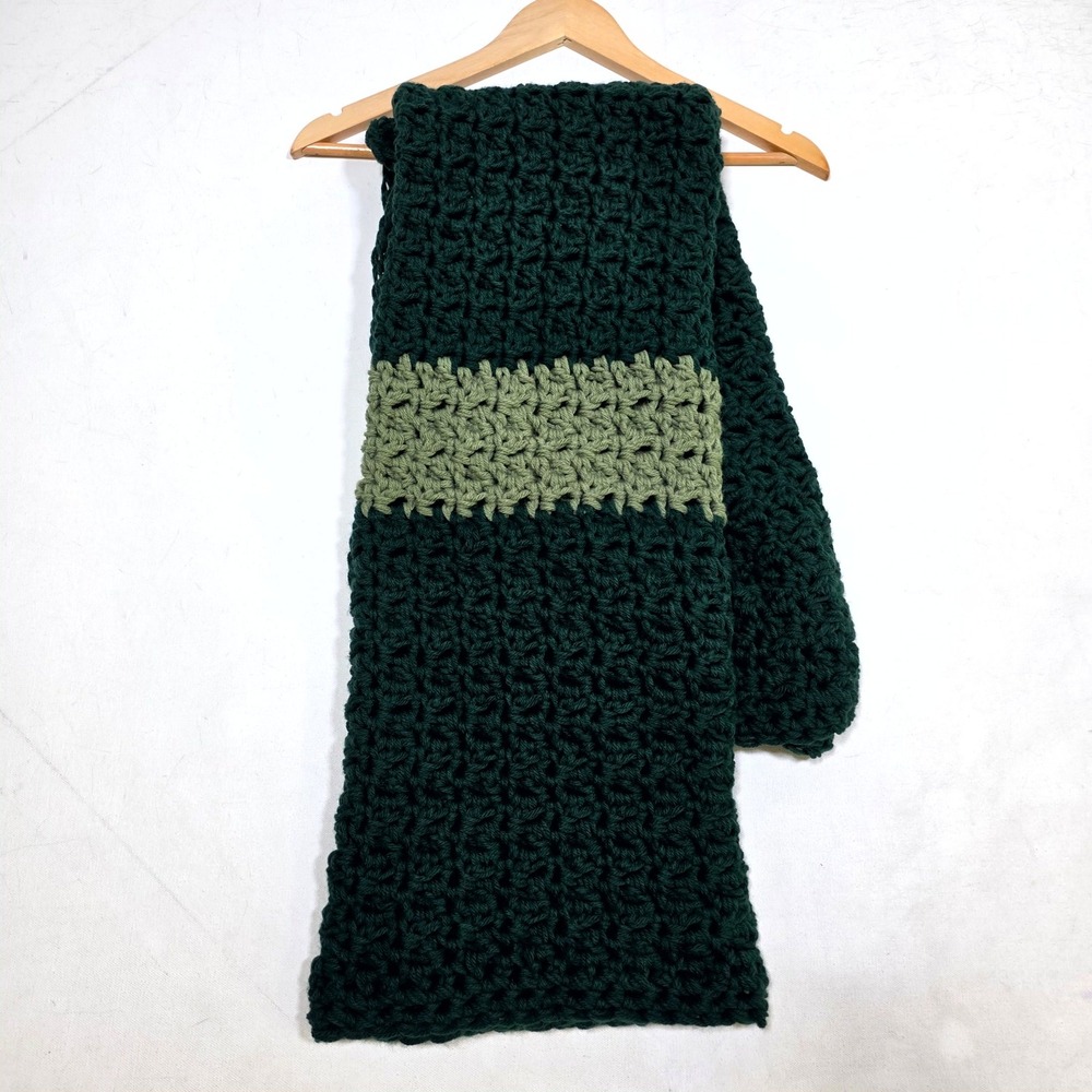 Crochet Throw Blanket 48 x 34 Green Striped Hand Knit Lapghan Cabincore